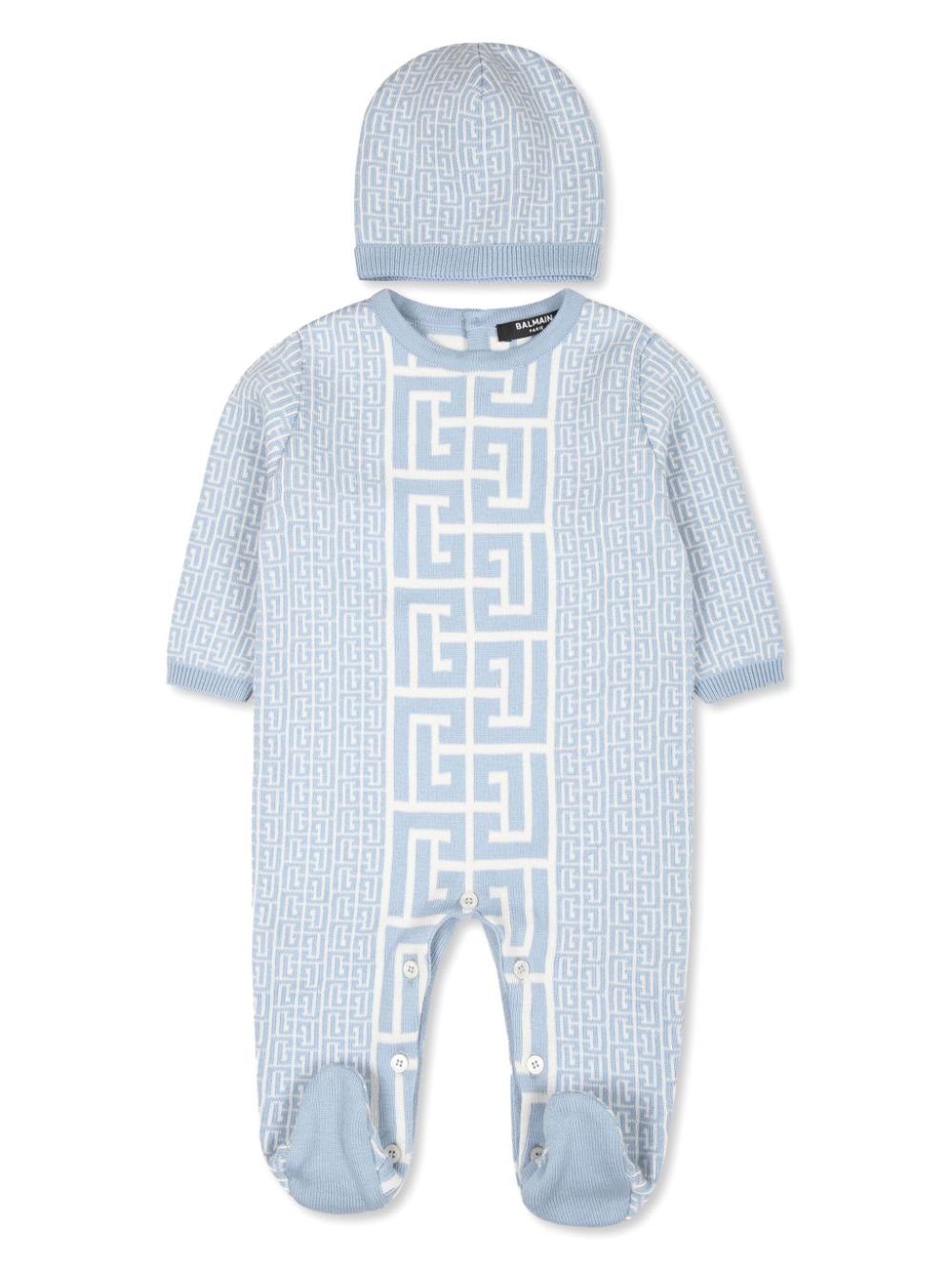 Set tutina con stampa monogramma per neonato Balmain Kids azzurro con scollo rotondo - Rubino Kids