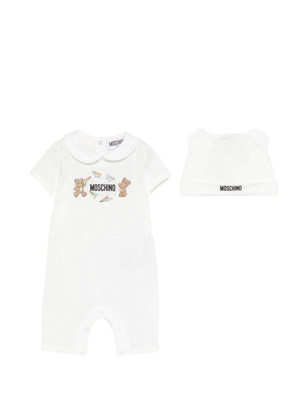 Set tutina e cappellino per neonati Moschino Kids bianco con stampa Teddy Bear - Rubino Kids