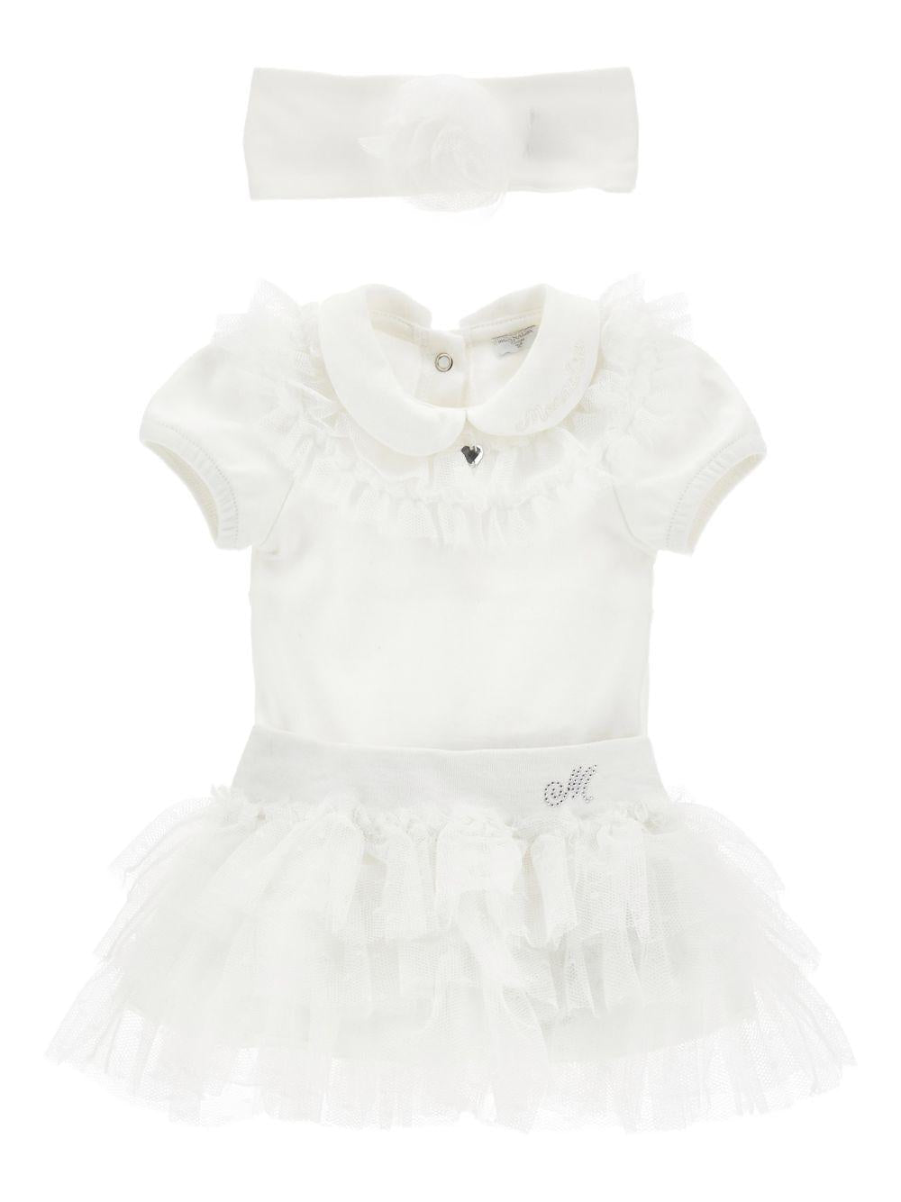 Set tutina gonna e fascia per neonata Monnalisa bianco con dettaglio a cuore - Rubino Kids
