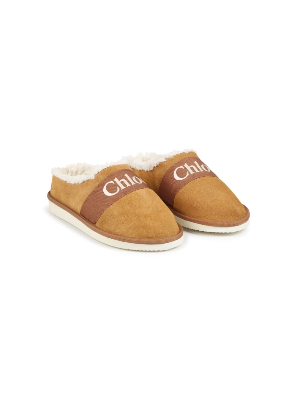 Slippers con stampa logo per bambina Chloé Kids marrone con trama effetto lana - Rubino Kids