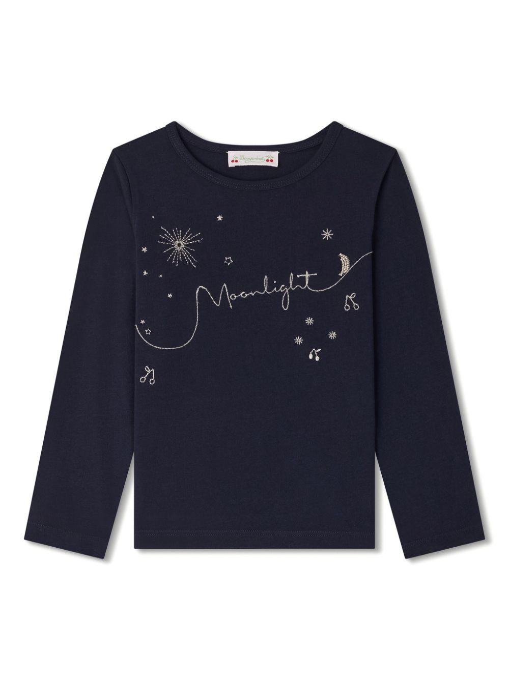 T-shirt a maniche lunghe con ricamo per bambina Bonpoint blu con orlo dritto - Rubino Kids