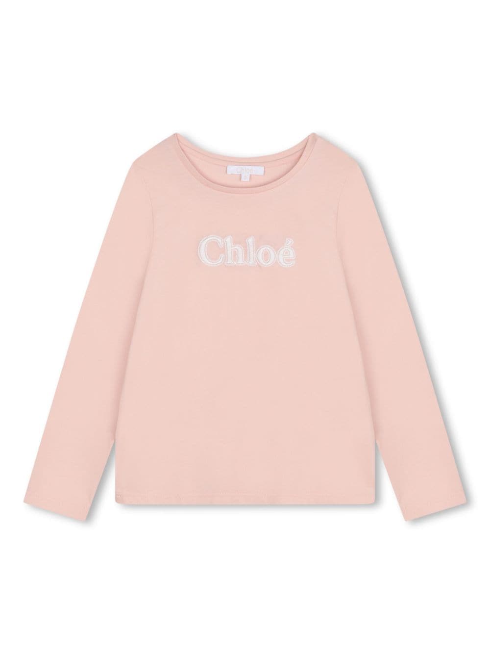 T-shirt a maniche lunghe con ricamo per bambina Chloé Kids rosa con orlo dirtto - Rubino Kids