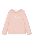 T-shirt a maniche lunghe con ricamo per bambina Chloé Kids rosa con orlo dirtto - Rubino Kids