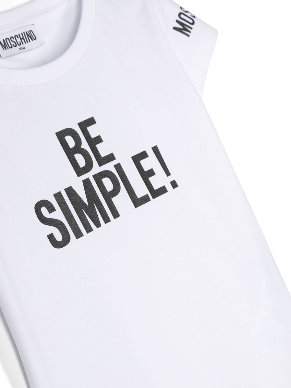 T shirt bianca per bambina Moschino Kids con stampa centrale nera "Be Simple!" - Rubino Kids