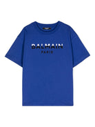 T shirt blu per bambino con logo Balmain Paris bianco e nero - Rubino Kids