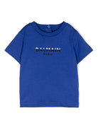 T-shirt con applicazione logo per neonato Balmain Kids blu con girocollo - Rubino Kids