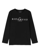 T-shirt con logo di paillettes per bambina John Richmond Junior nero con girocollo - Rubino Kids