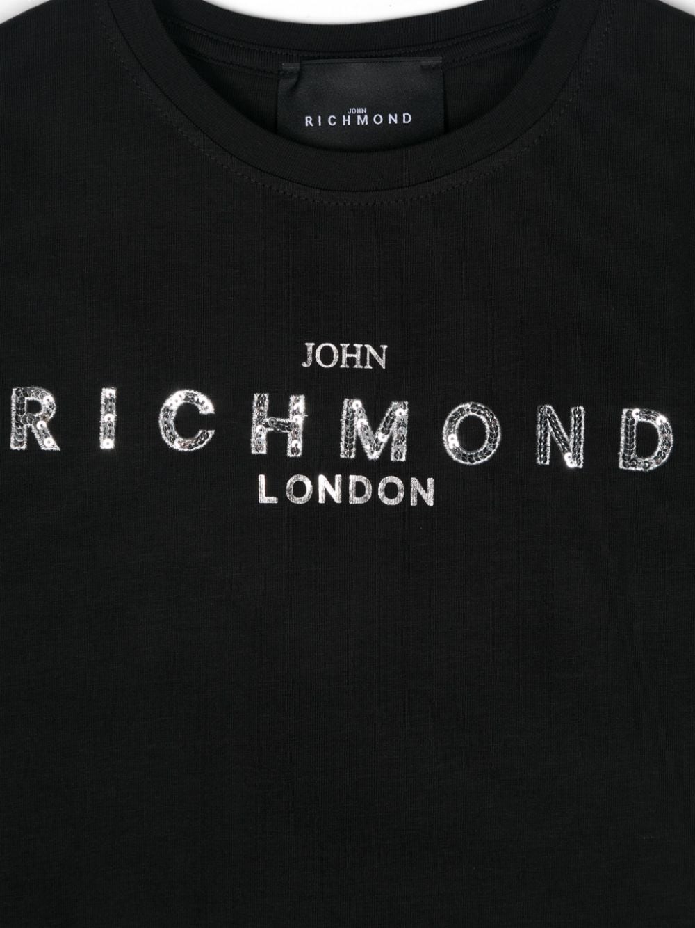 T-shirt con logo di paillettes per bambina John Richmond Junior nero con girocollo - Rubino Kids