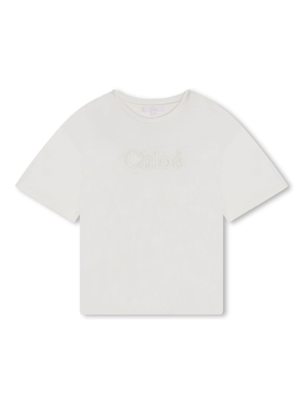 T-shirt con ricamo per bambina Chloé Kids bianco con scollo rotondo - Rubino Kids