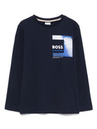 T-shirt con stampa logo per bambino BOSS Kidswear blu con orlo dritto - Rubino Kids