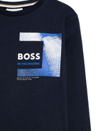 T-shirt con stampa logo per bambino BOSS Kidswear blu con orlo dritto - Rubino Kids