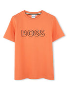 T-shirt con stampa per bambino BOSS Kidswear arancione con scollo rotondo - Rubino Kids