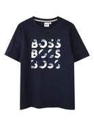 T-shirt con stampa per bambino BOSS Kidswear blu con orlo dritto - Rubino Kids