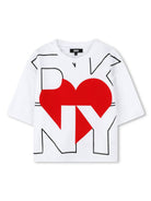 T shirt crop bianca DKNY per bambina con stampa a rilievo e cuore - Rubino Kids