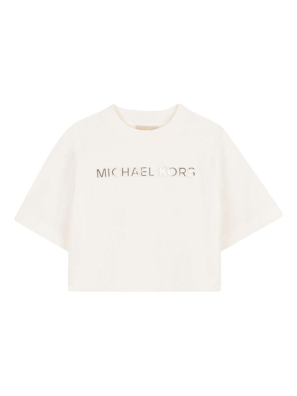 T-shirt crop per bambina Michael Kors Kids bianca con stampa logo - Rubino Kids