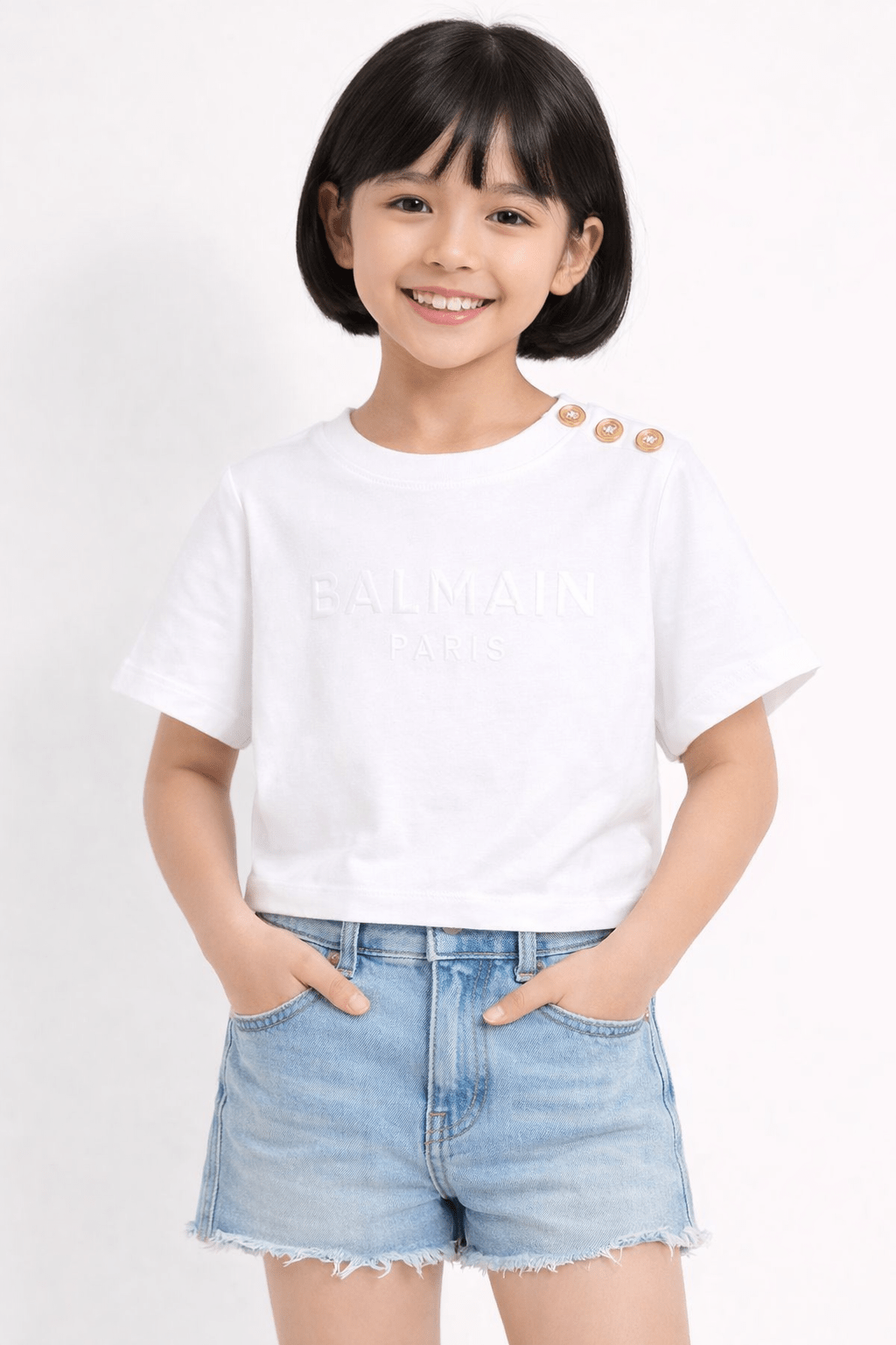 T-shirt da bambina Balmain Kids bianca con bottoni - Rubino Kids