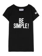 T shirt nera per bambina Moschino Kids con stampa centrale bianca "Be Simple!" - Rubino Kids