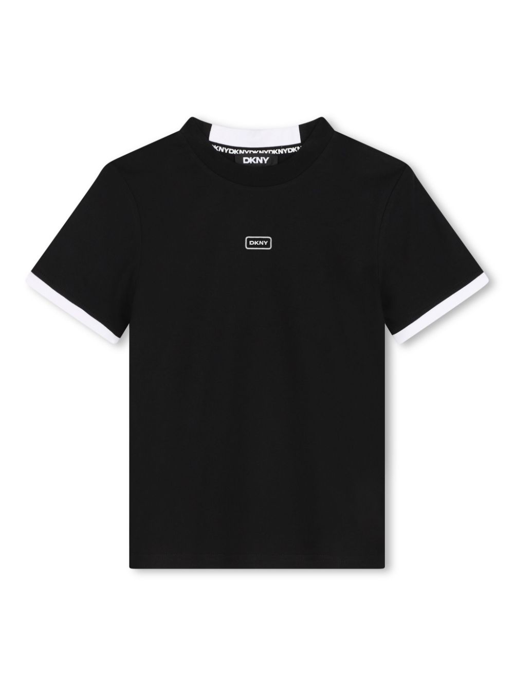 T-shirt nera per bambino con orlo a contrasto bianco e applicazione logo centrale DKNY - Rubino Kids