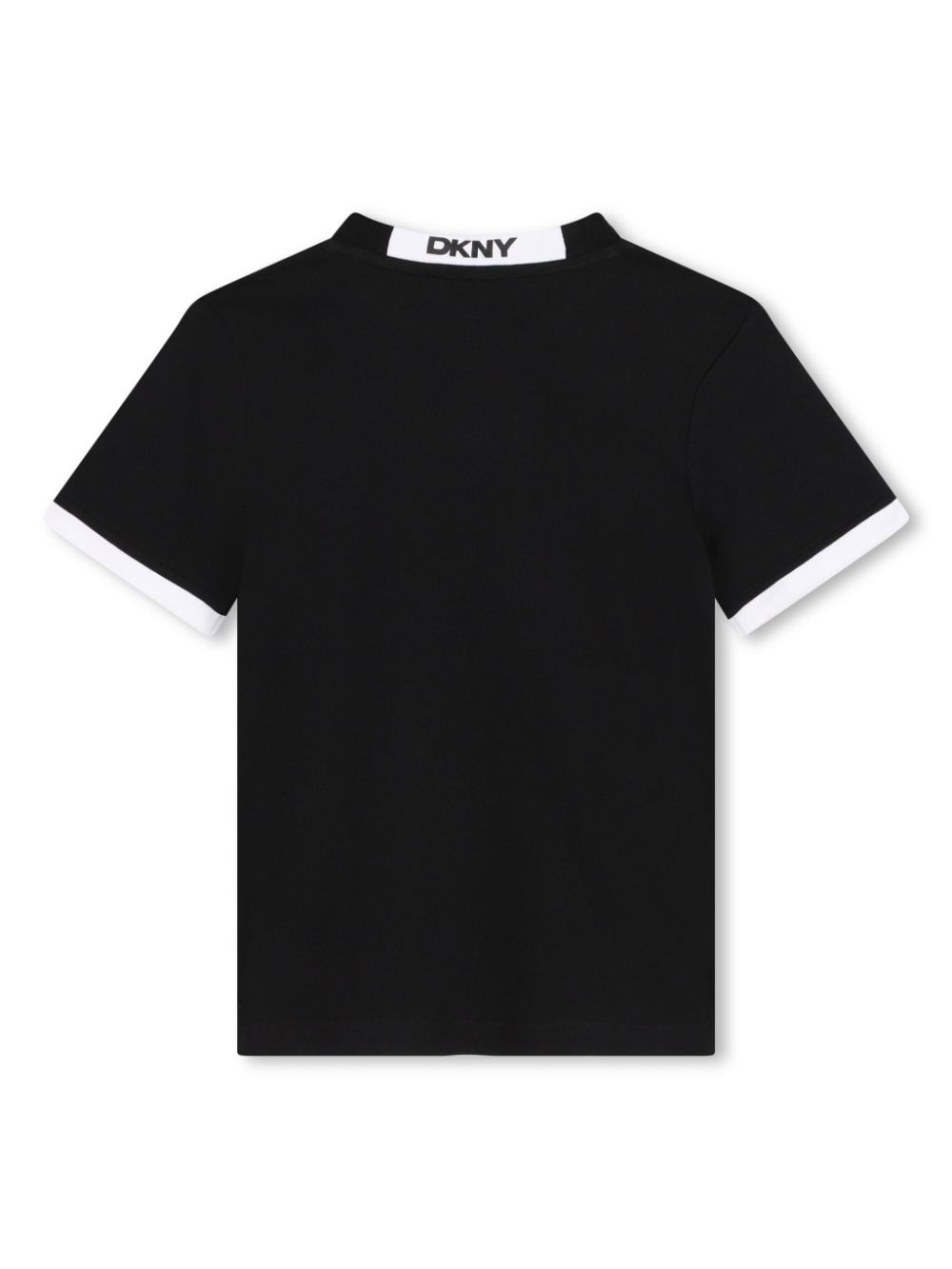 T-shirt nera per bambino con orlo a contrasto bianco e applicazione logo centrale DKNY - Rubino Kids