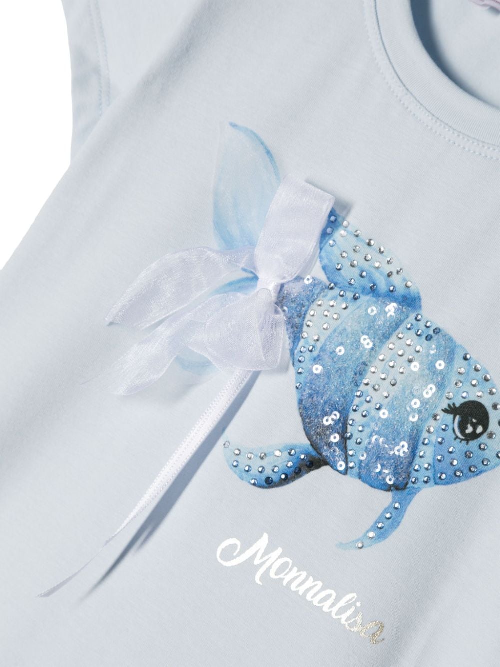 T shirt per bambina azzurra Monnalisa con stampa centrale pesce e strass tono su tono - Rubino Kids