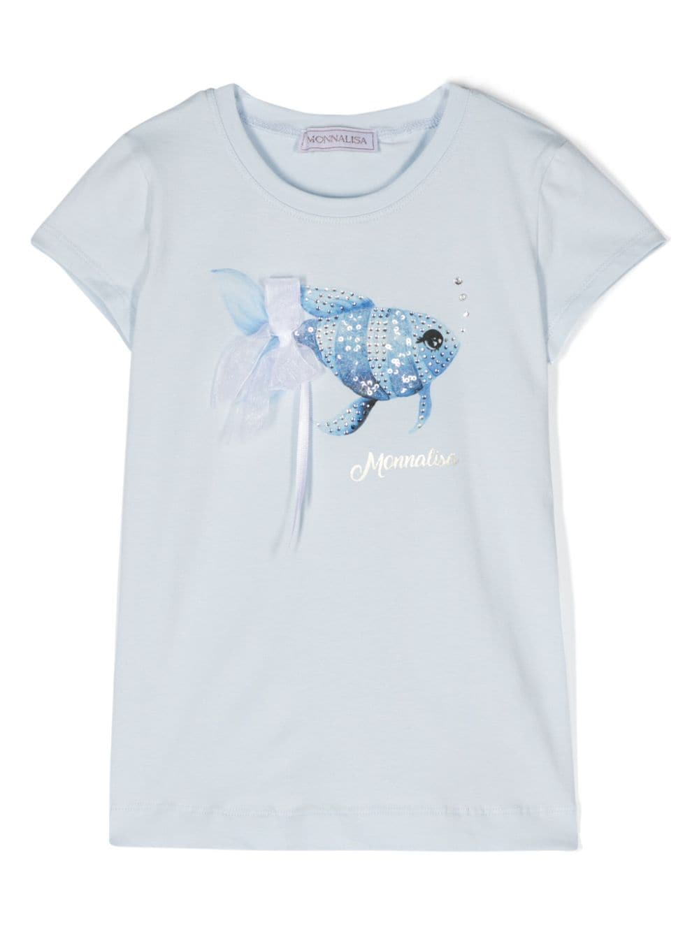 T shirt per bambina azzurra Monnalisa con stampa centrale pesce e strass tono su tono - Rubino Kids