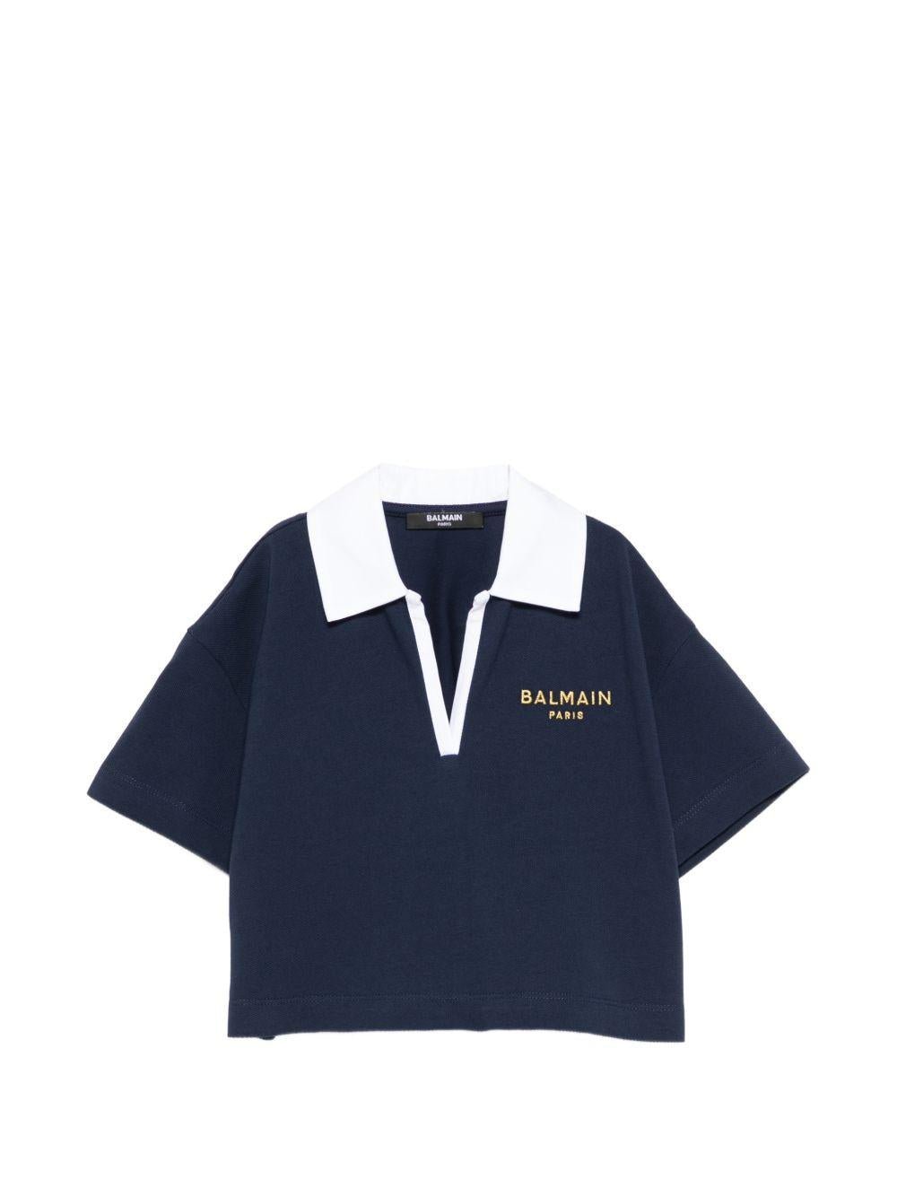 T-shirt per bambina Balmain Kids blu con scollo a V - Rubino Kids