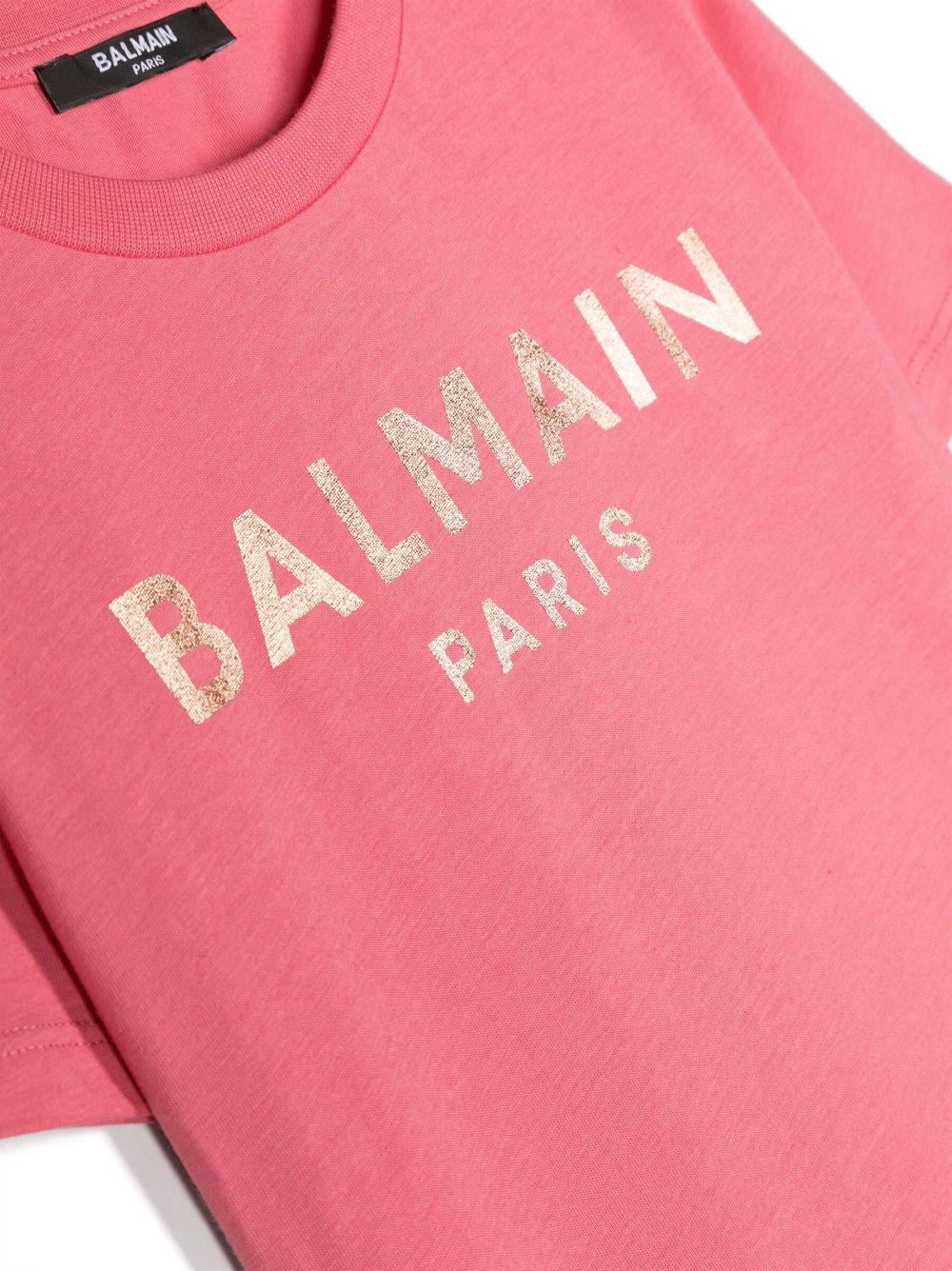 T-shirt per bambina Balmain Kids rosa con stampa logo Balmain Paris oro - Rubino Kids