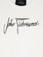 T shirt per bambina bianca con logo John Richmond a firma con dettaglio perline - Rubino Kids