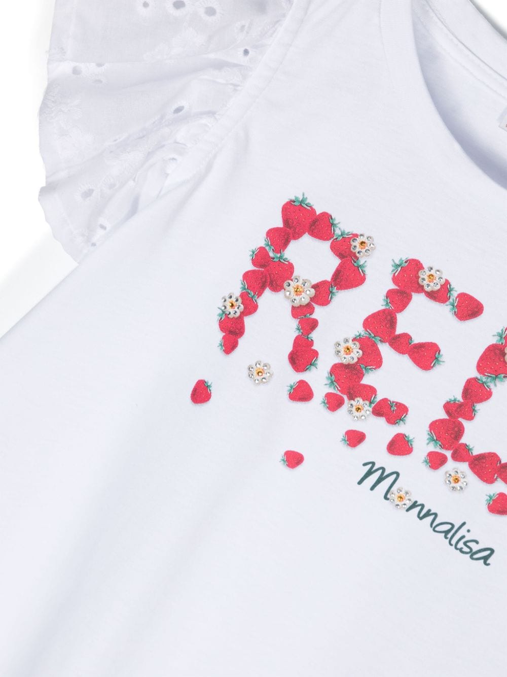 T shirt per bambina bianca Monnalisa con stampa fragole RED e maniche a palloncino ricamate - Rubino Kids