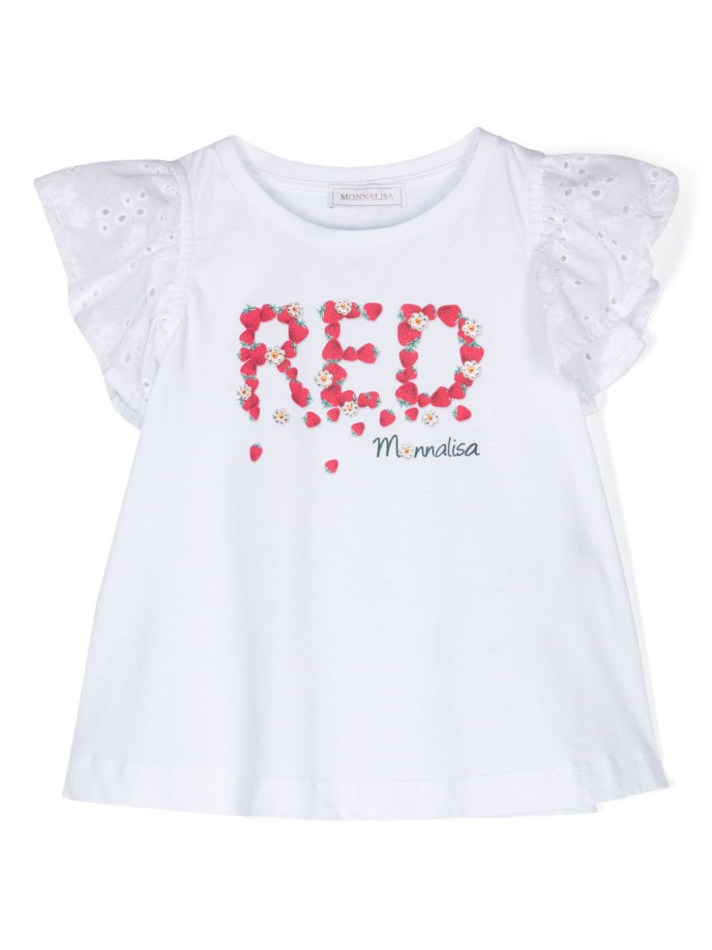 T shirt per bambina bianca Monnalisa con stampa fragole RED e maniche a palloncino ricamate - Rubino Kids