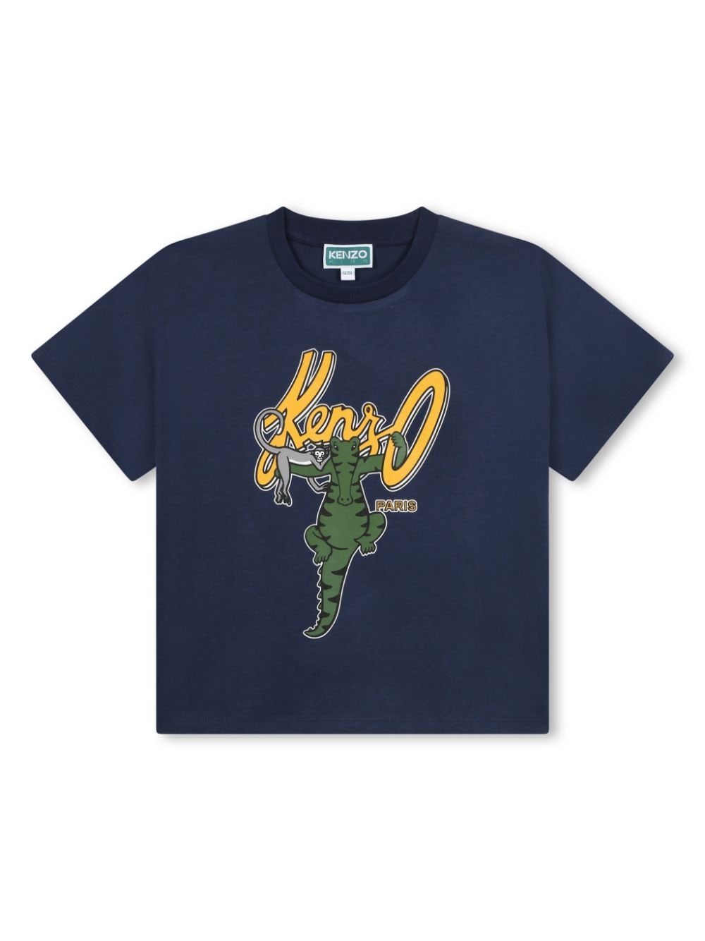 T shirt per bambina blu Kenzo Kids con stampa tigre e uccellino con logo corsivo - Rubino Kids