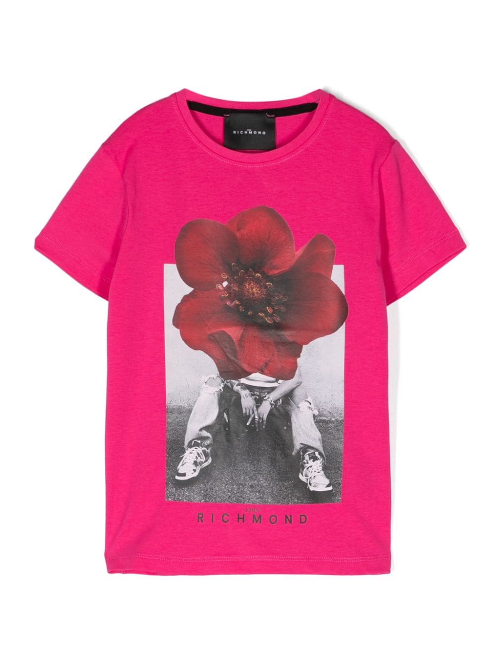 T shirt per bambina fucsia John Richmond Junior con stampa centrale garofano su fondo in bianco e nero - Rubino Kids