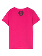 T shirt per bambina fucsia John Richmond Junior con stampa centrale garofano su fondo in bianco e nero - Rubino Kids