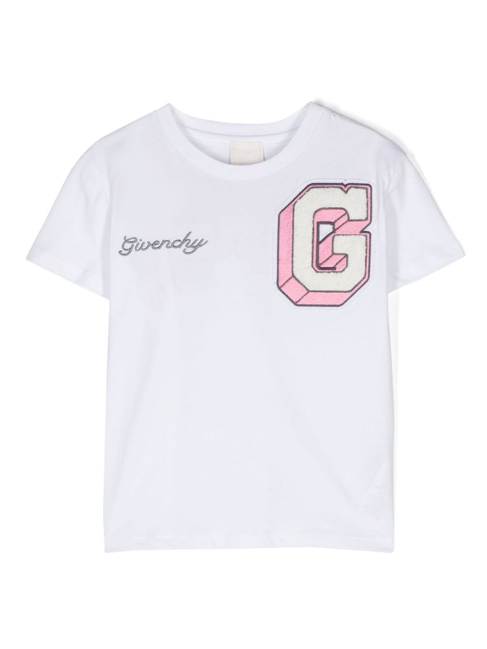 T-shirt per bambina Givenchy Kids bianco con ricamo G sul davanti e logo sul retro - Rubino Kids