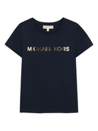T-shirt per bambina Michael Kors Kids blu con logo dorato - Rubino Kids