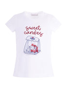 T-shirt per bambina Monnalisa Sweet Candies bianca con stampa grafica - Rubino Kids