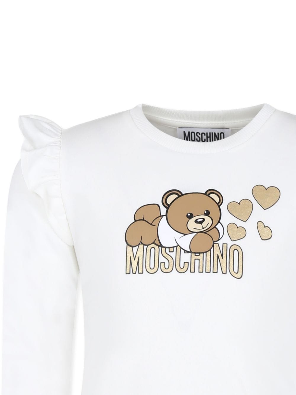 T-shirt per bambina Moschino Kids bianco con ruches sulla spalla - Rubino Kids