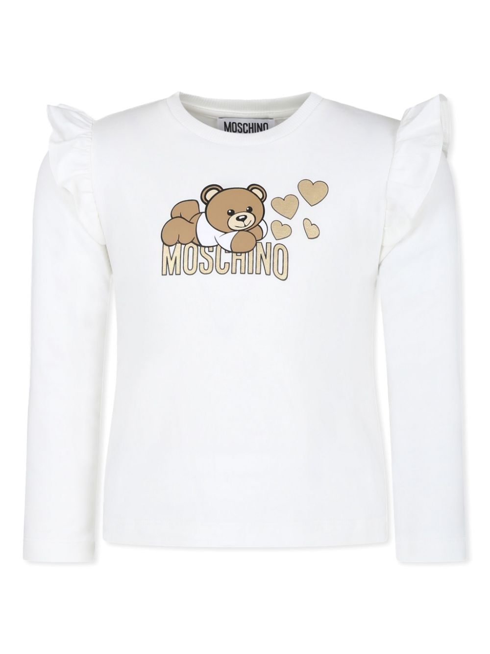 T-shirt per bambina Moschino Kids bianco con ruches sulla spalla - Rubino Kids