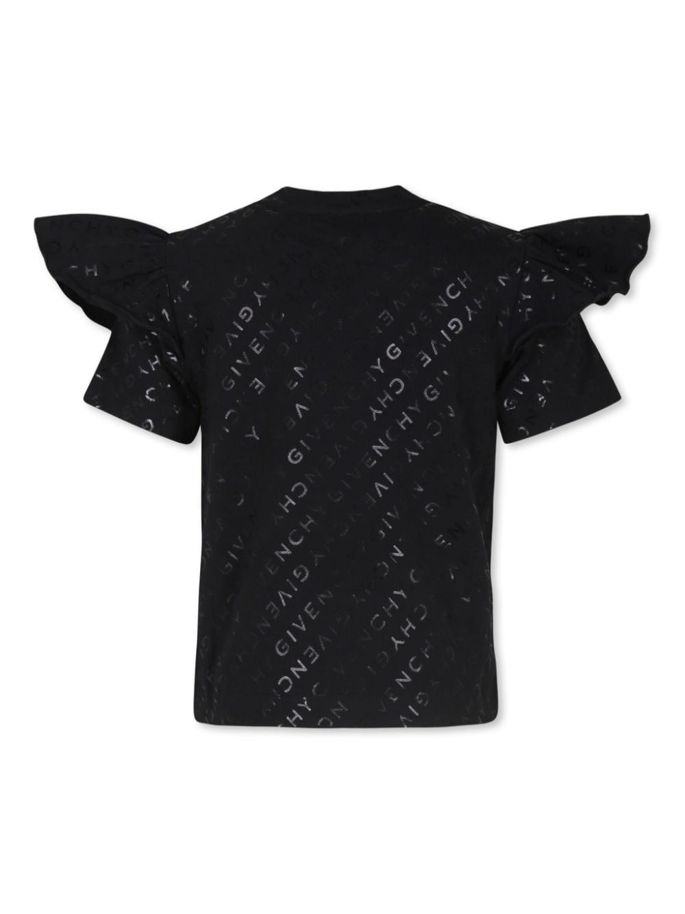 T shirt per bambina nera con logo Givenchy all - over e ruches sulle spalle - Rubino Kids