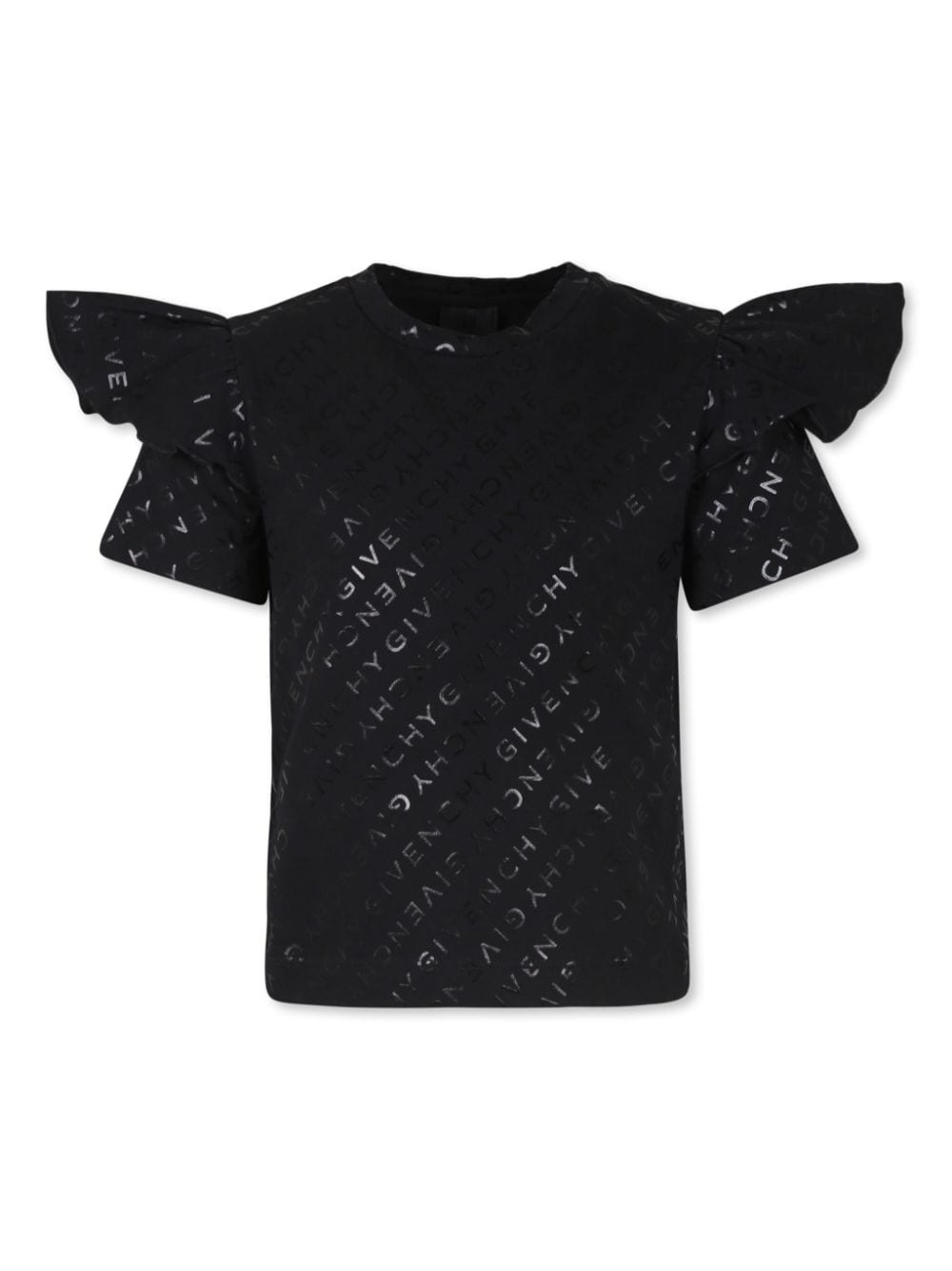 T shirt per bambina nera con logo Givenchy all - over e ruches sulle spalle - Rubino Kids