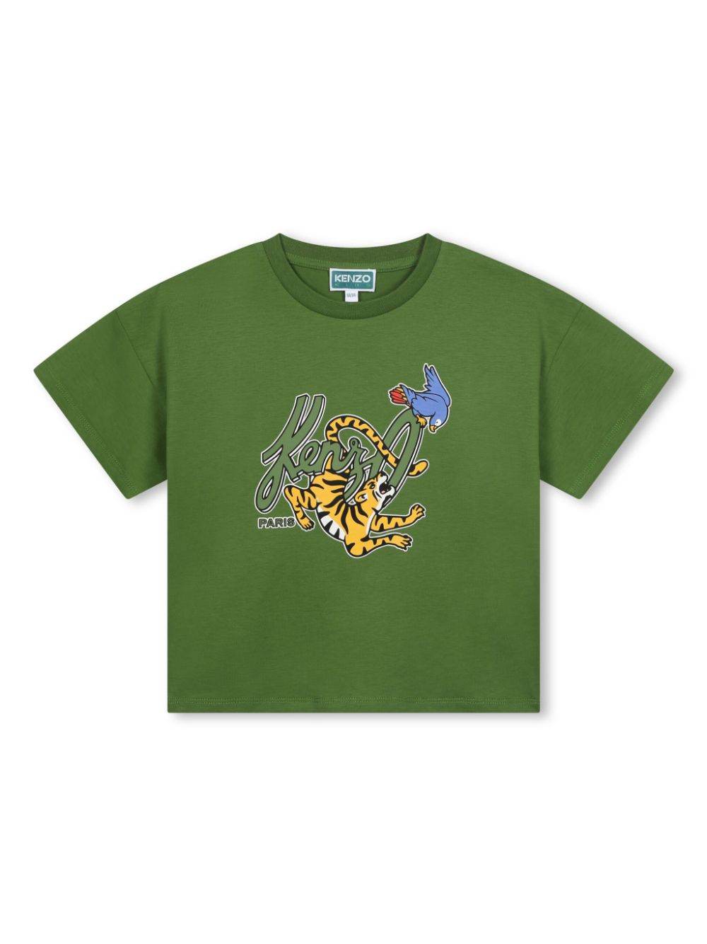 T shirt per bambina verde Kenzo Kids con stampa tigre e uccellino con logo corsivo - Rubino Kids