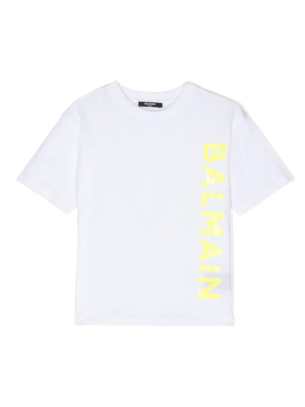 T-shirt per bambino Balmain Kids bianca con logo verticale sul lato giallo fluo - Rubino Kids