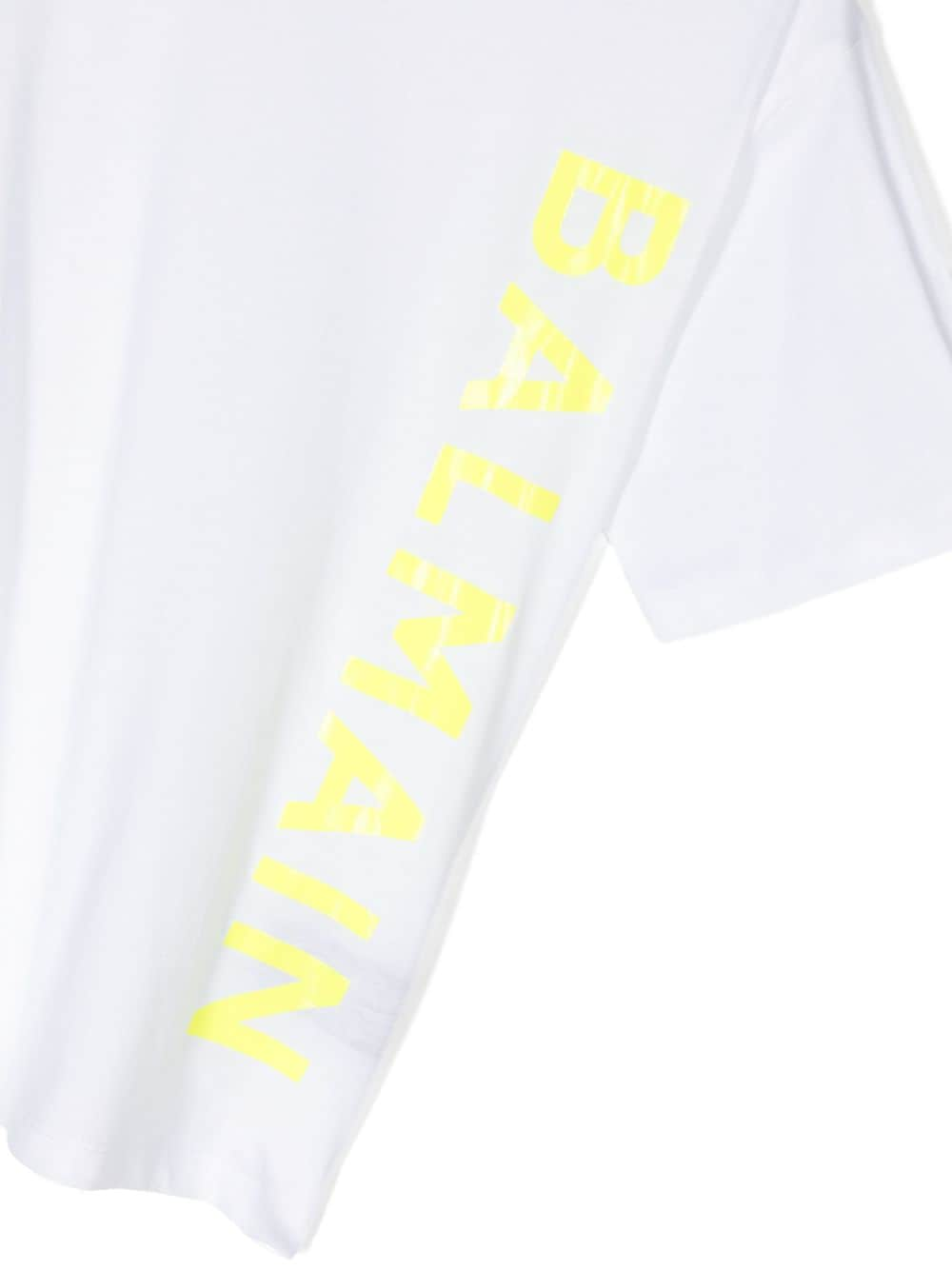 T-shirt per bambino Balmain Kids bianca con logo verticale sul lato giallo fluo - Rubino Kids