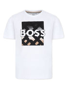 T shirt per bambino bianca con logo Boss a contrasto su monogramma - Rubino Kids