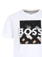 T shirt per bambino bianca con logo Boss a contrasto su monogramma - Rubino Kids