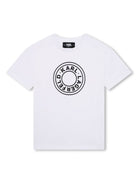 T shirt per bambino bianca con logo Karl Lagerfeld circolare stampato al centro - Rubino Kids