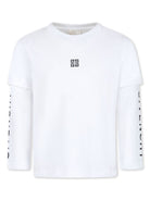 T shirt per bambino bianca con stemma 4G centrale e stampa Givenchy su maniche lunghe - Rubino Kids