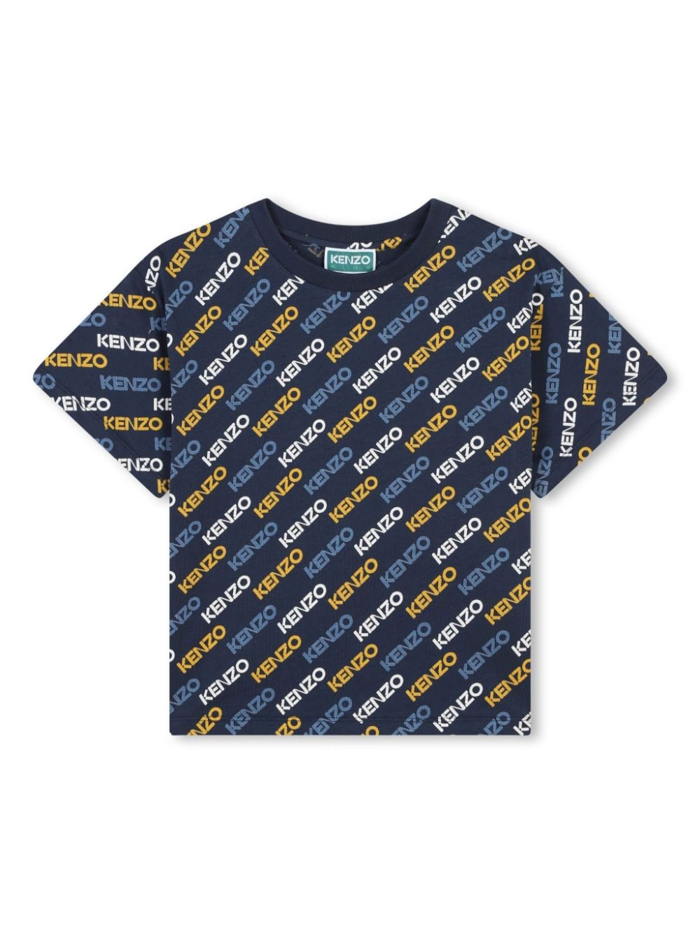 T shirt per bambino blu con stampa logo Kenzo all - over bianca oro e azzurra - Rubino Kids