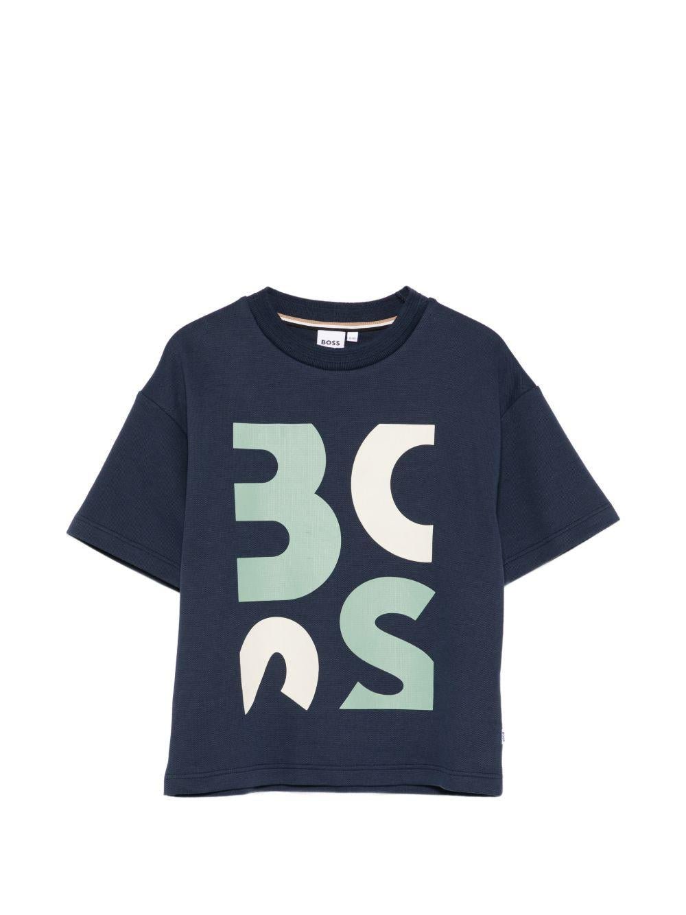 T-shirt per bambino Boss Kids blu con logo sul davanti - Rubino Kids