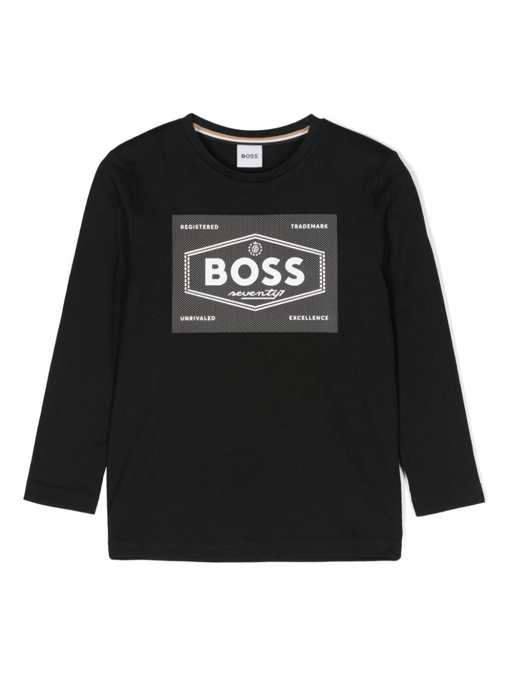 T shirt per bambino Boss Kids nera a maniche lunghe con logo Boss Seventy - Rubino Kids